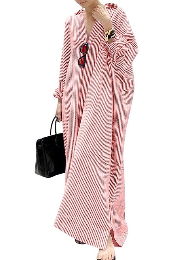utcoco Womens Striped Long Sleeve Dress Casual Loose Button Down Cotton Maxi Shirt Dress (Large, Red) - Image 1
